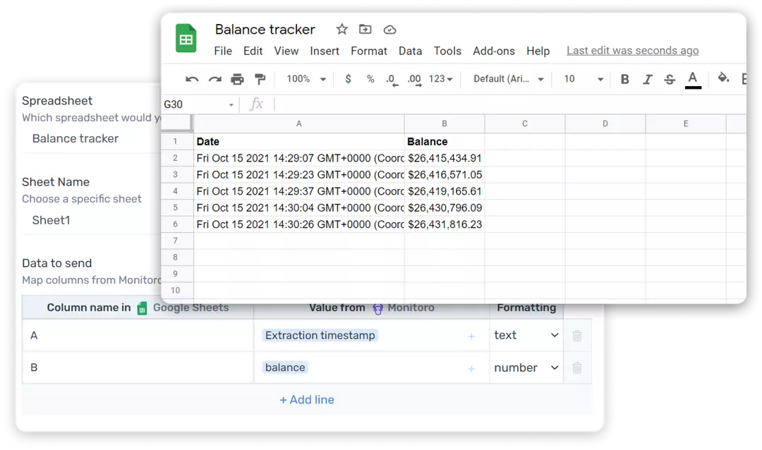 Monitoro fills rows in Google sheets using website data